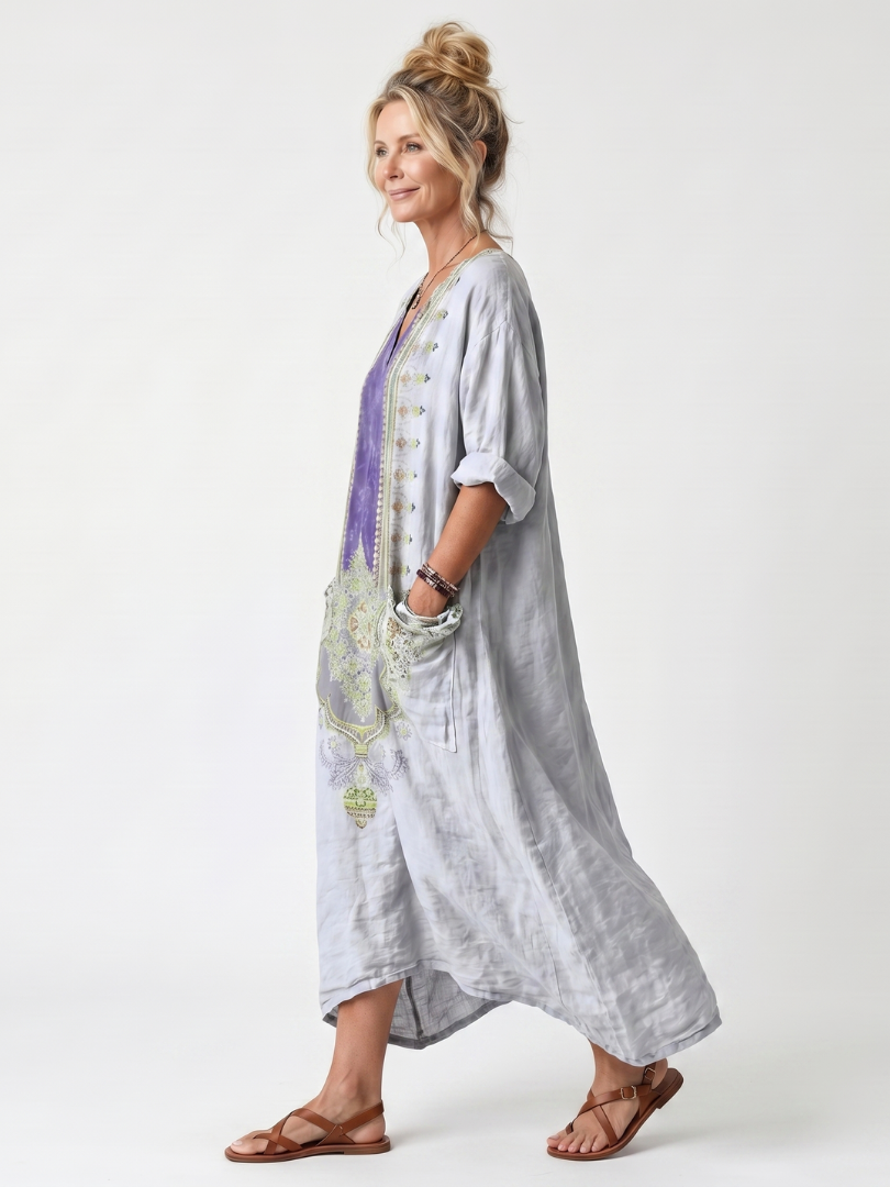 Raina | Contrast Panel Embroidered Oversized Pocket Midi Dress — view 2