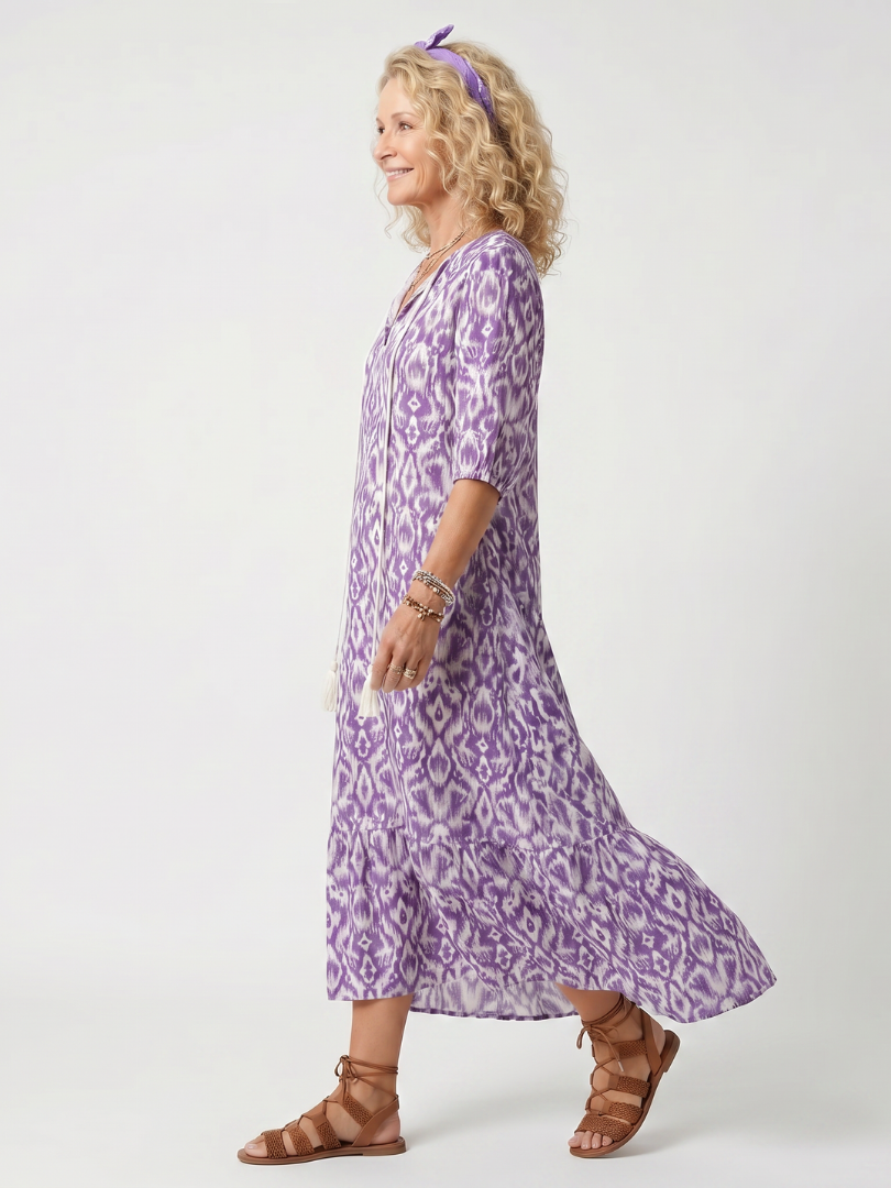 Penelope | Printed Tassel Tie Midi Dress — view 2
