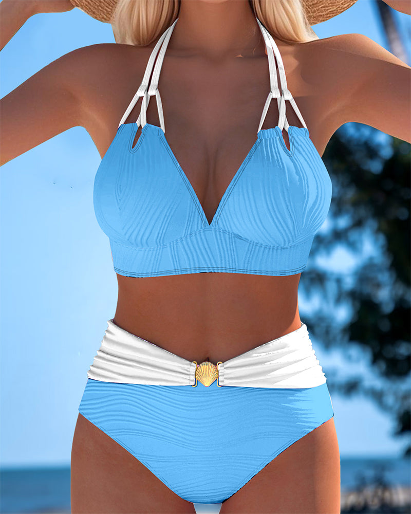Lily | White Print High Waisted Double Strap Swimsuit with Contrast Color — view 4