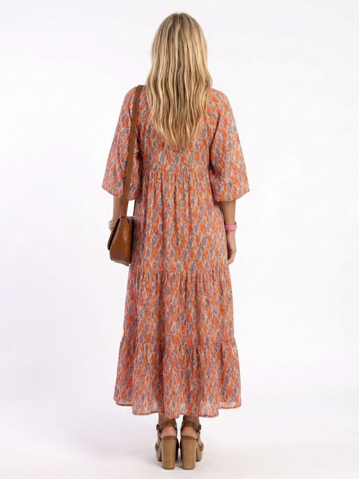 Marisette | Geometric Print V-Neck Tiered Midi Dress — view 4