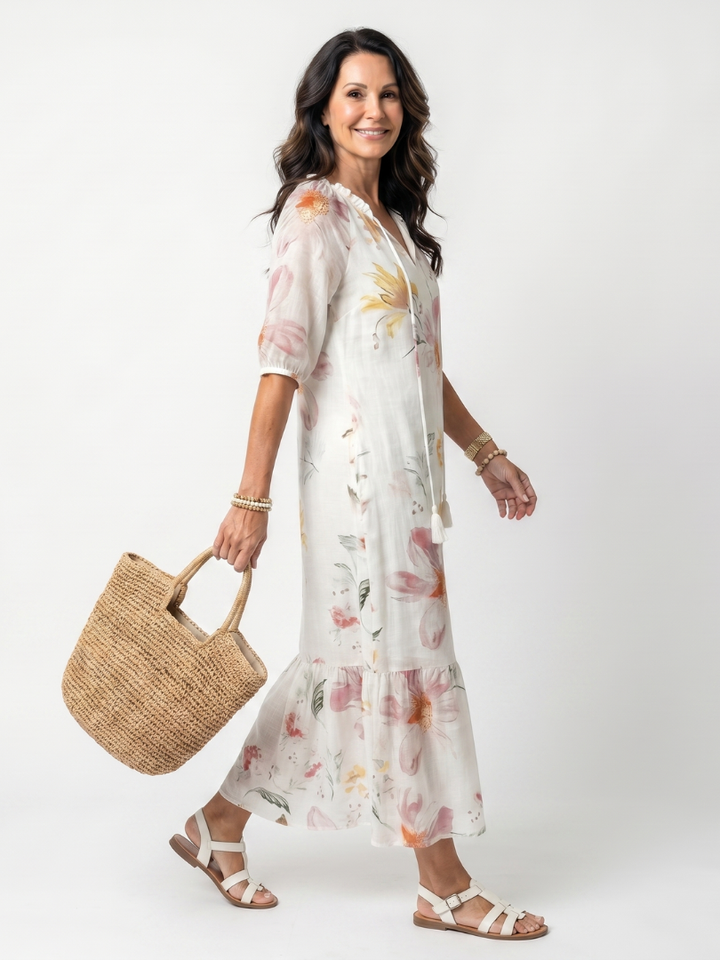 Noa | Soft Floral Tiered Tassel Midi Dress — view 2