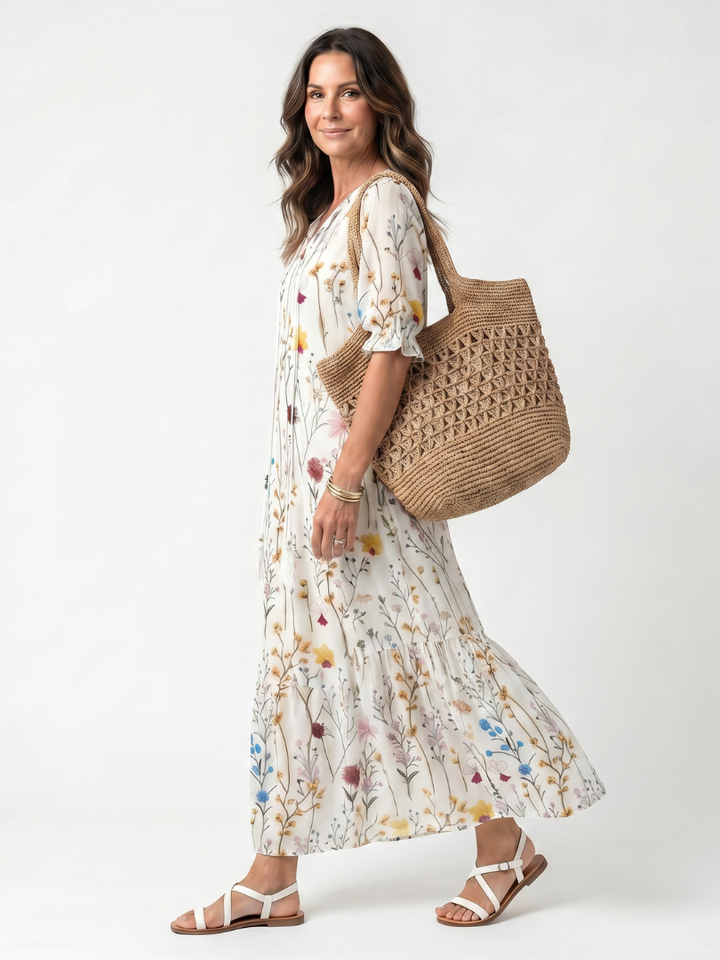 Sylvie | Botanical Print Tassel Tie Midi Dress — view 2