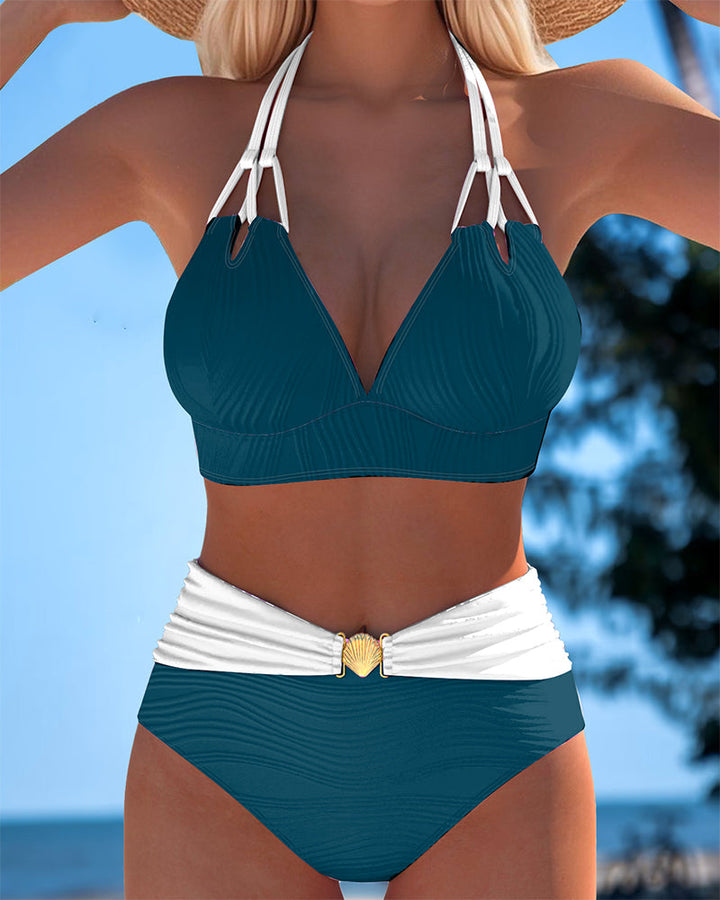 Lily | White Print High Waisted Double Strap Swimsuit with Contrast Color — view 5