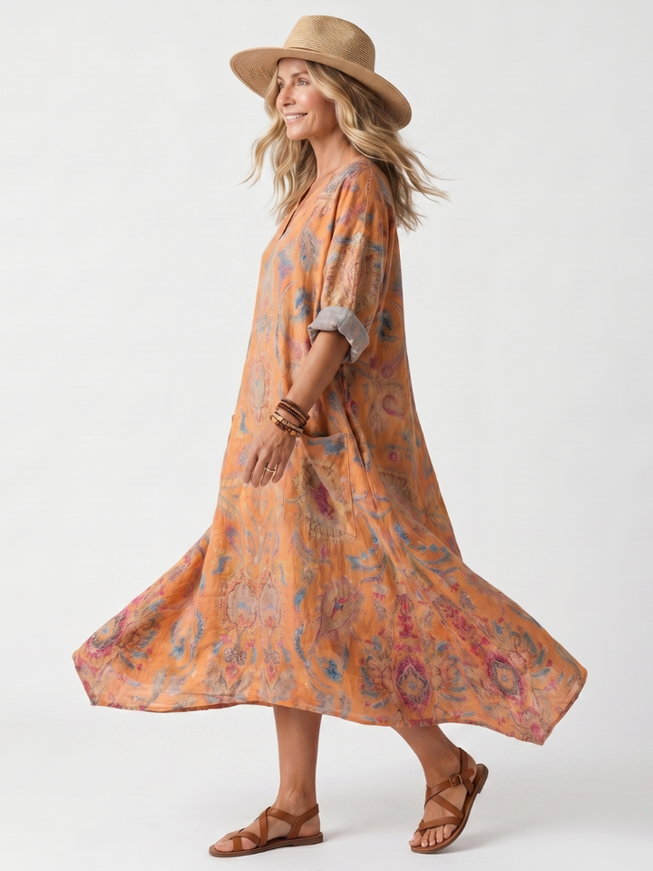 Romy | Notch Neck Printed Oversized Pocket Midi Dress — view 2