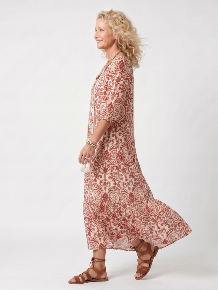 Noelle | Ornate Print Tassel Tie Midi Dress — view 2