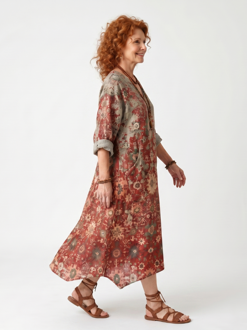 Marigolde | Mixed Pattern Relaxed Pocket Midi Dress — view 2