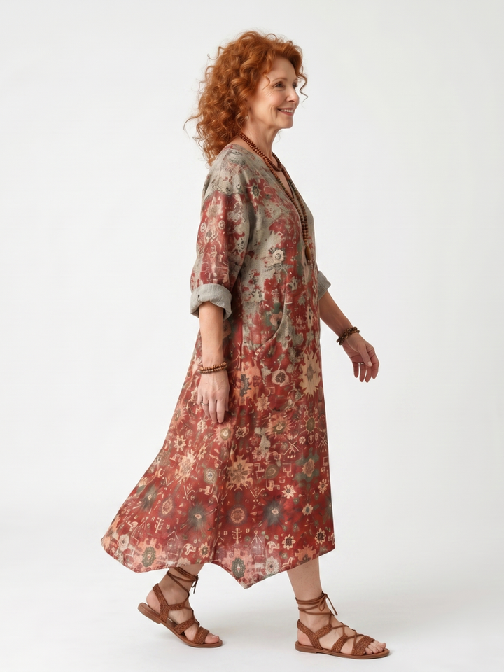 Marigolde | Mixed Pattern Relaxed Pocket Midi Dress — view 2