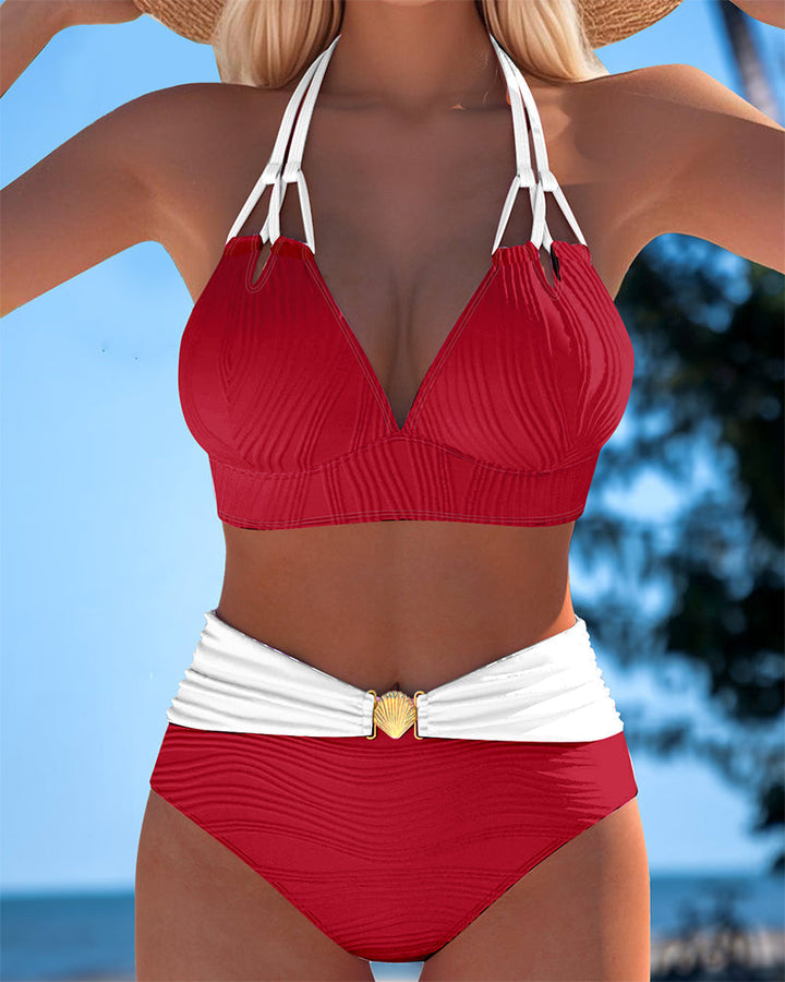 Lily | White Print High Waisted Double Strap Swimsuit with Contrast Color — view 10