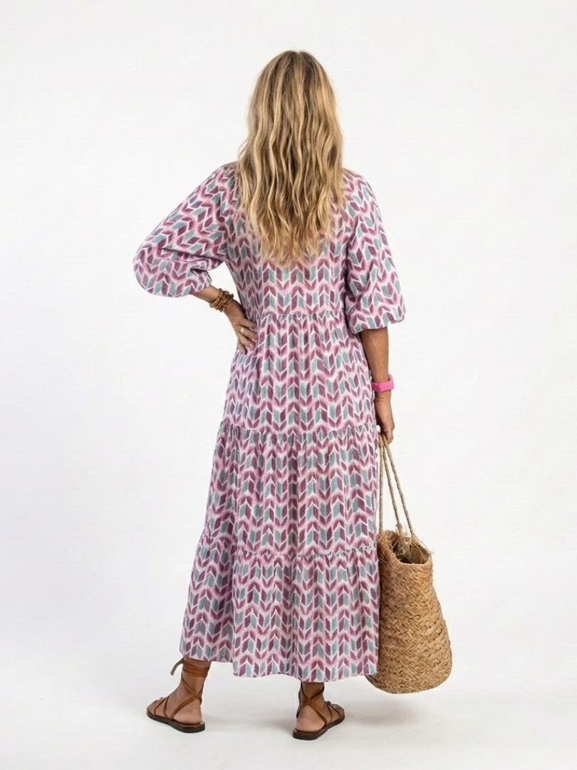 Mireya | Geometric Print Long Sleeve Tiered Midi Dress — view 4