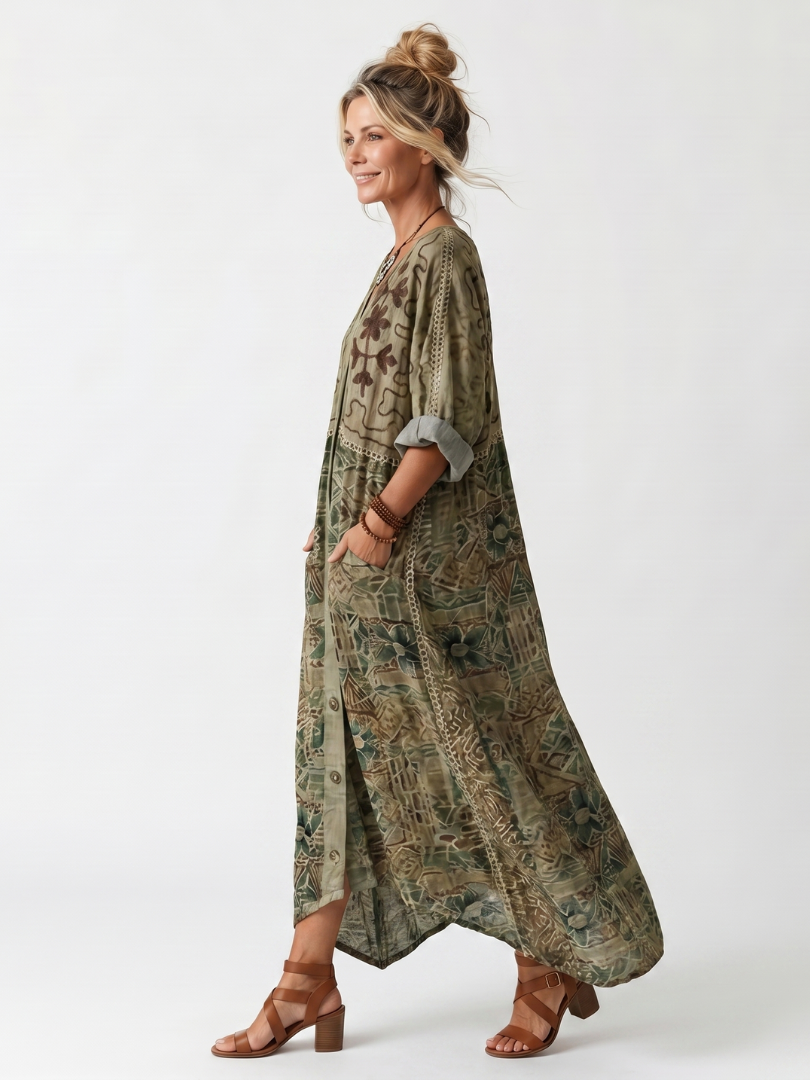 Aleta | Button Front Embroidered Oversized Pocket Midi Dress — view 2