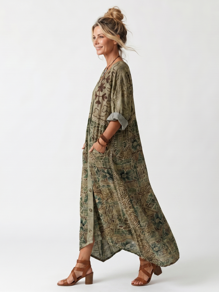 Aleta | Button Front Embroidered Oversized Pocket Midi Dress — view 2