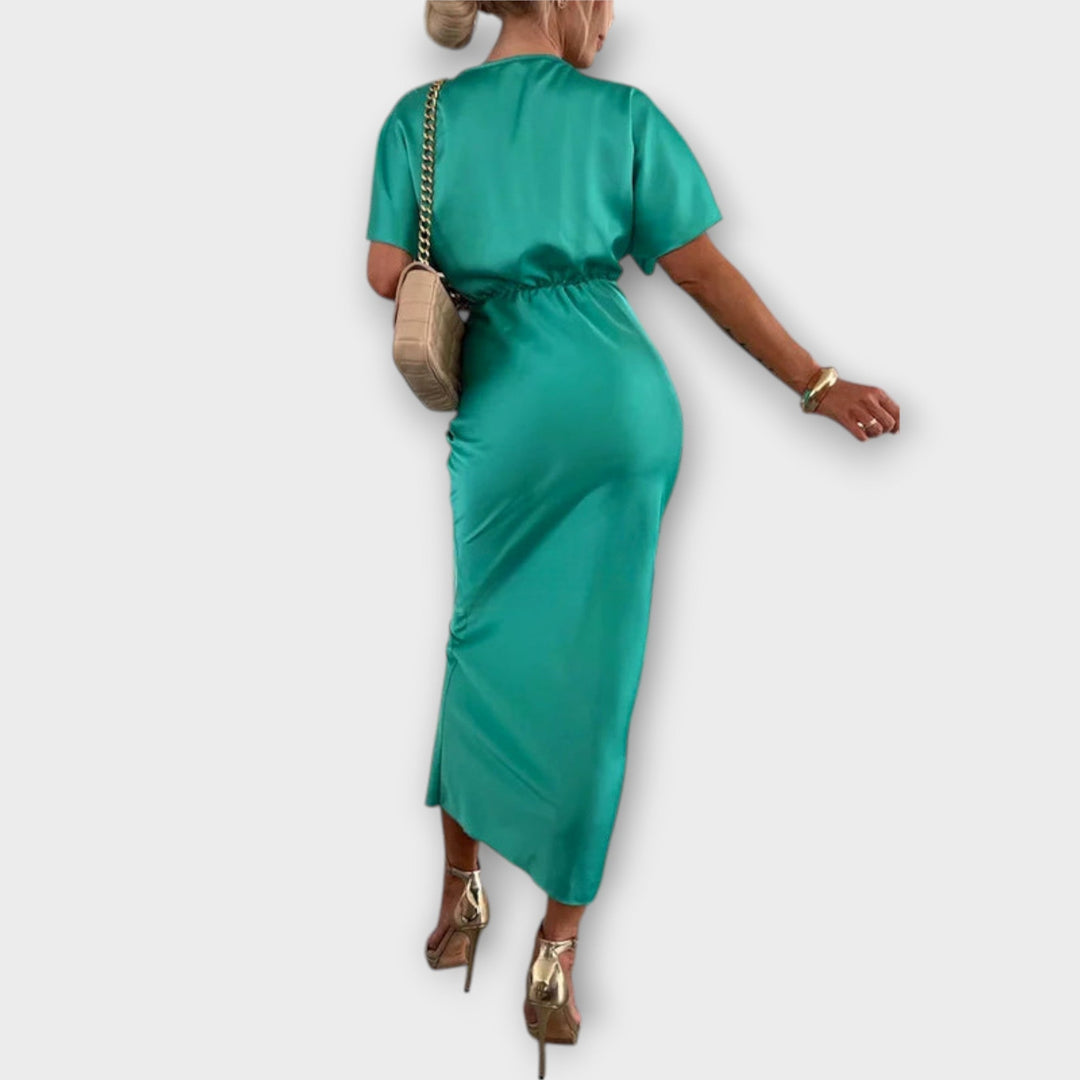 Sable | Maxi dress with V-neck and solid satin crossover knot