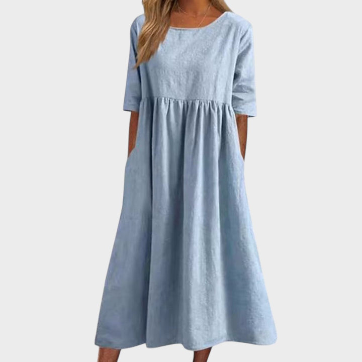 Lucia | Cotton Dress with Round Neck and Waist Detail