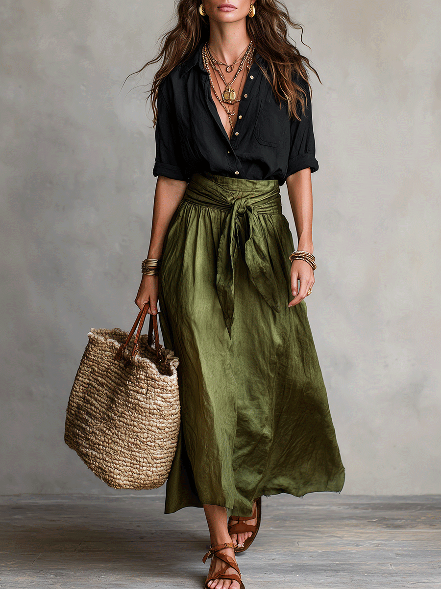 Holly | Black Satin Midi Skirt & Blouse Set