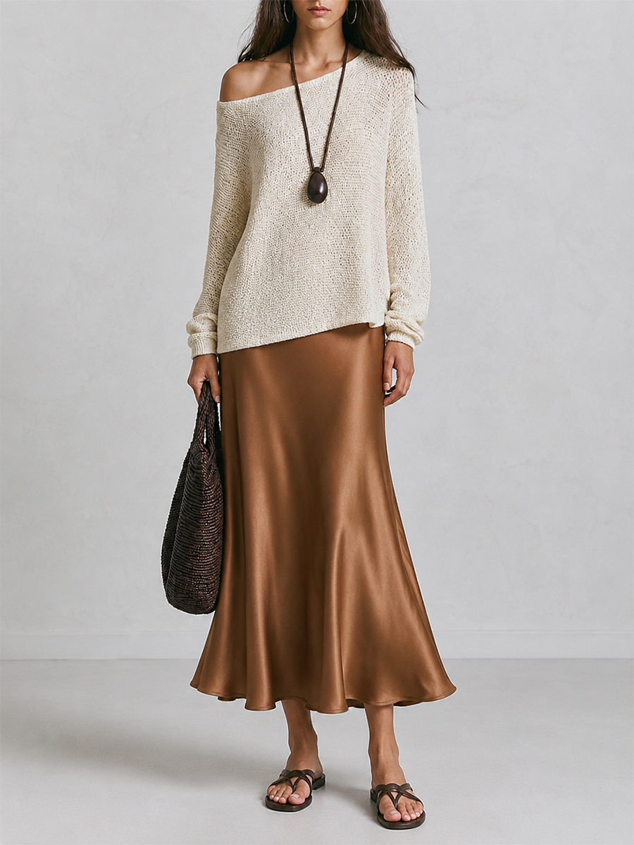 Winifred | Brown Slouchy One-Shoulder Long Sleeve Knit Pullover Set