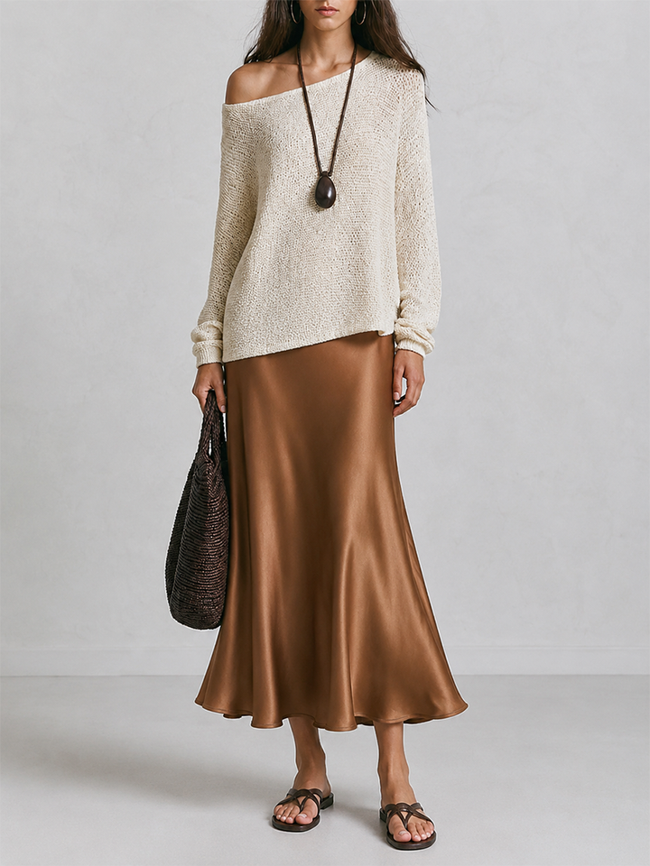 Winifred | Brown Slouchy One-Shoulder Long Sleeve Knit Pullover Set