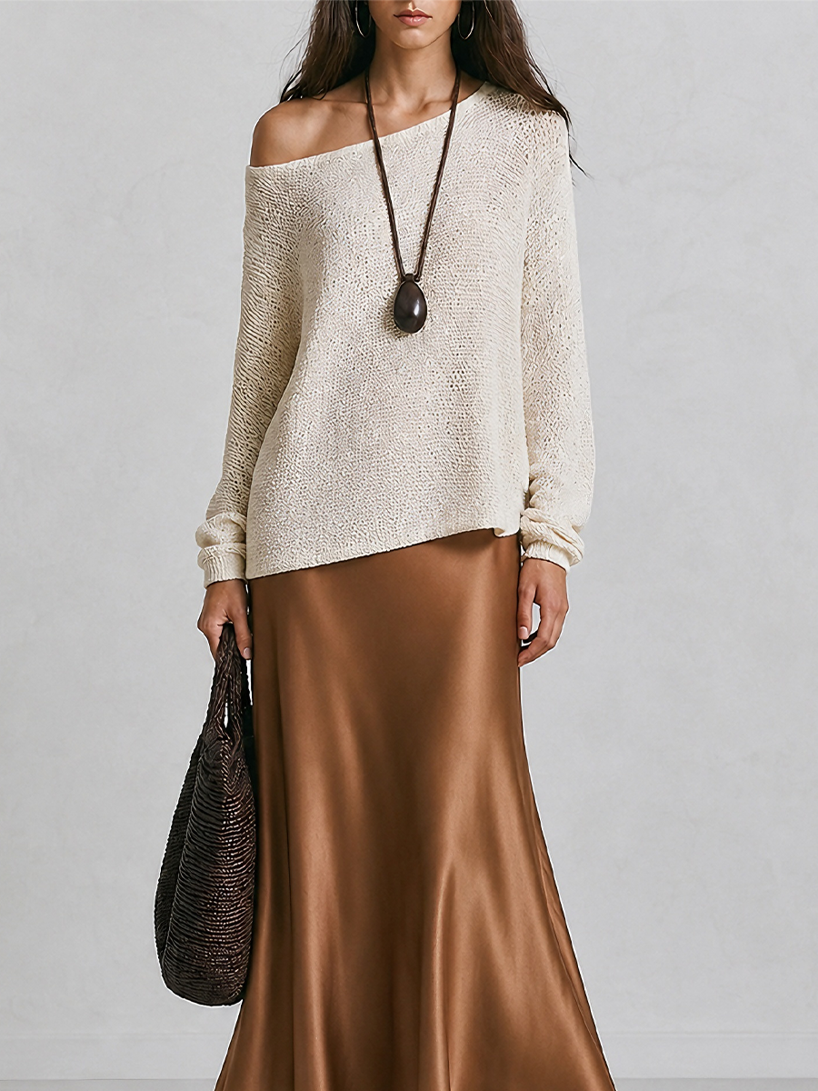Winifred | Brown Slouchy One-Shoulder Long Sleeve Knit Pullover Set — view 3