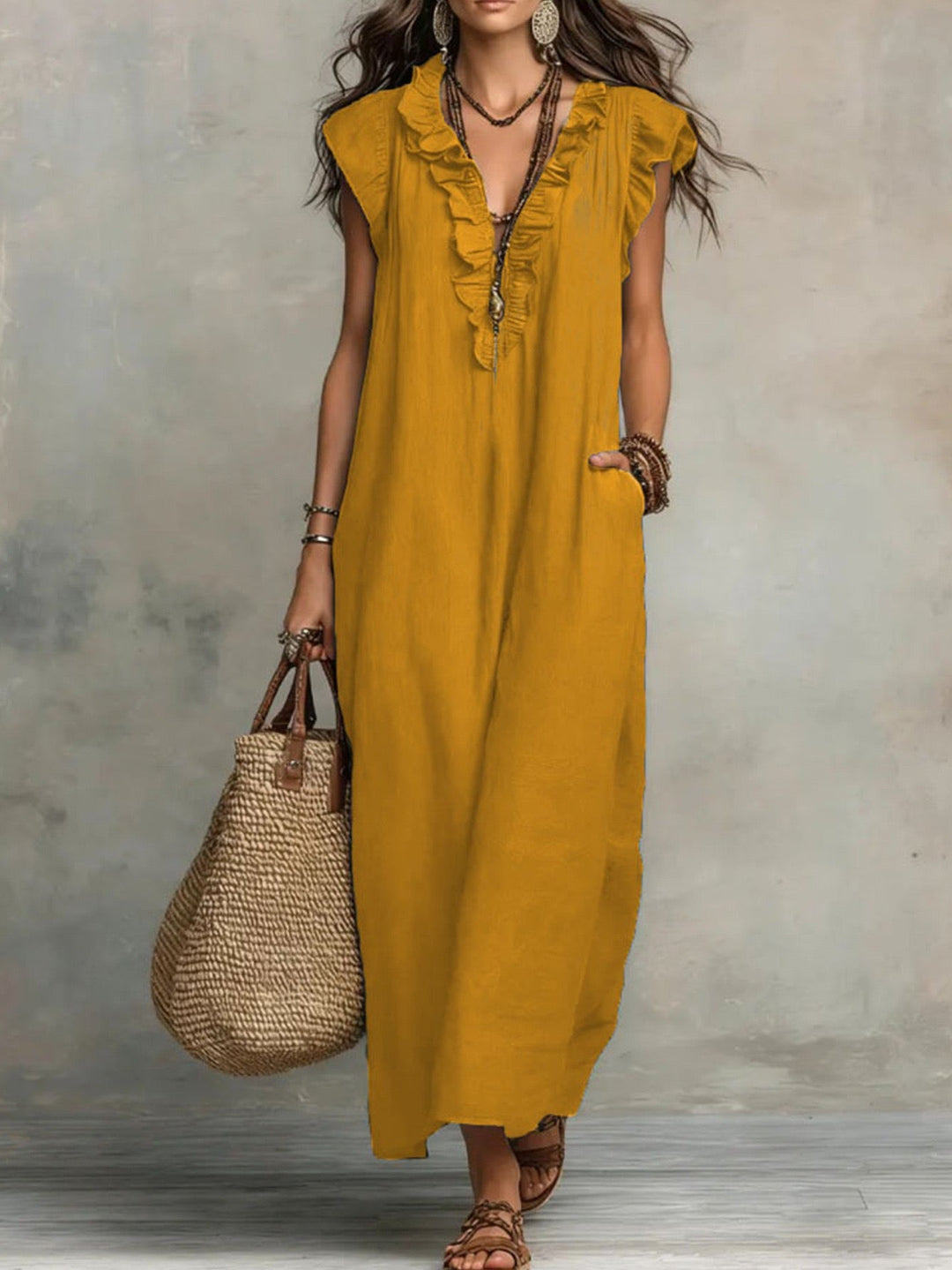 Goldenne | Yellow Flutter Sleeve Maxi Dress