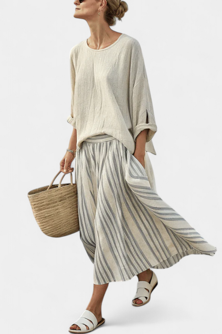 Aurcyn | Beige Loose Blouse & Skirt Set