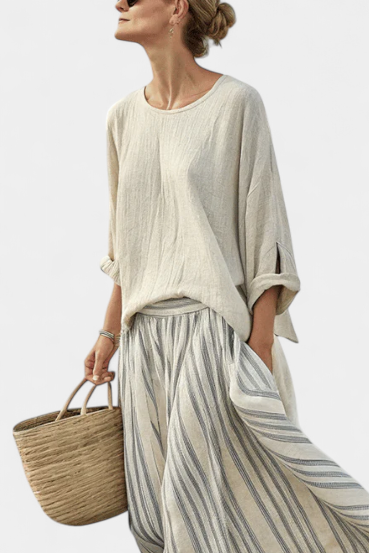 Gia | comfortable blouse and striped midi skirt