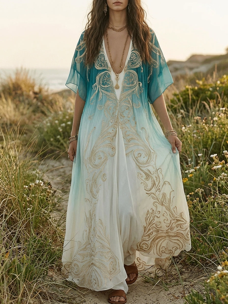 Piper | Aqua Ombre Kaftan Maxi Dress — view 4