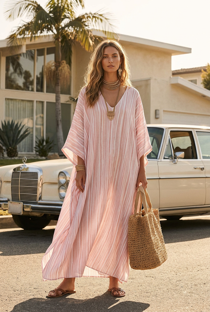 Cleo | Pink Striped Kaftan Dress — view 2