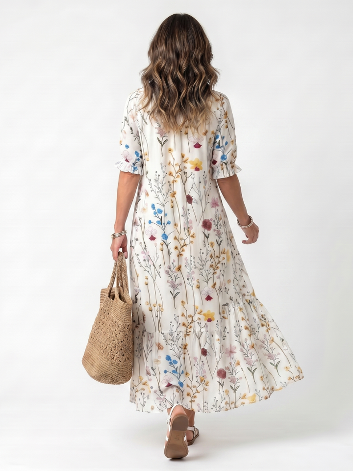 Sylvie | Botanical Print Tassel Tie Midi Dress — view 4