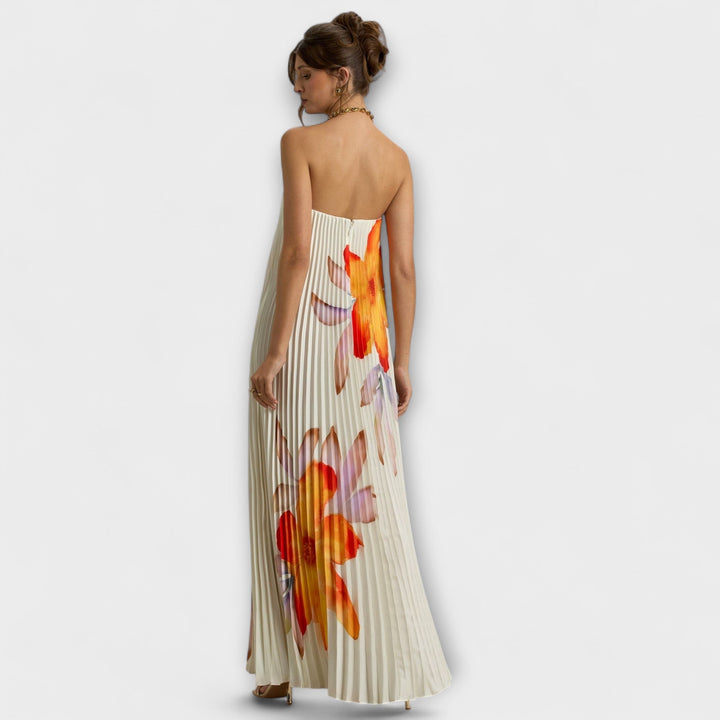 Michelle | Orange Floral Print Sweetheart Maxi Dress