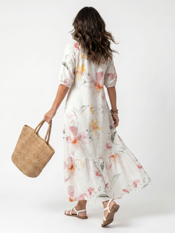 Noa | Soft Floral Tiered Tassel Midi Dress — view 4