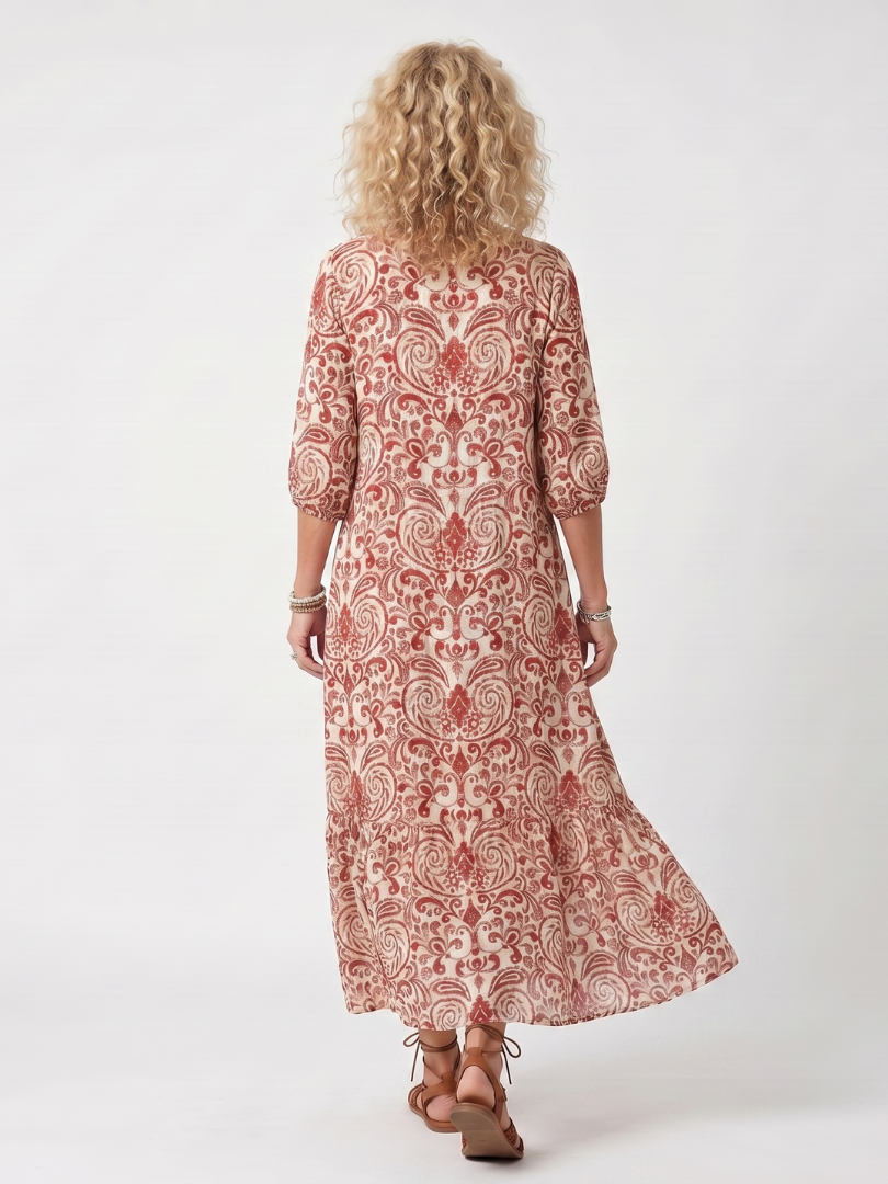 Noelle | Ornate Print Tassel Tie Midi Dress — view 4
