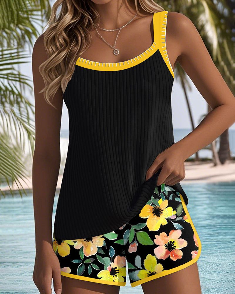 Matilda | Orange Print Two Piece Beach Tankini Pants — view 6