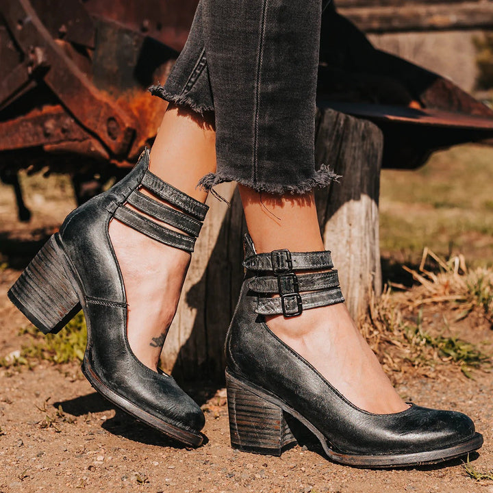 Dorothy | Black Buckle Strap Block Heel — view 3