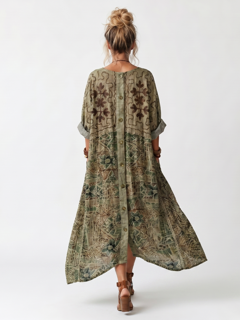 Aleta | Button Front Embroidered Oversized Pocket Midi Dress — view 4