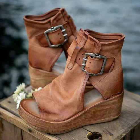 Rue | Black Open Toe Buckle Ankle Boots — view 3