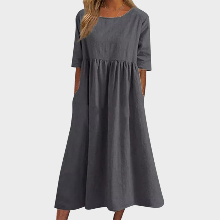 Lucia | Cotton Dress with Round Neck and Waist Detail