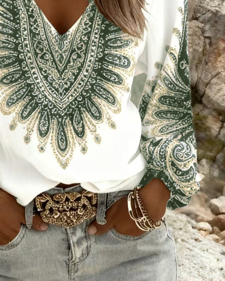 Karen | V-Neck Retro Print Top — view 5