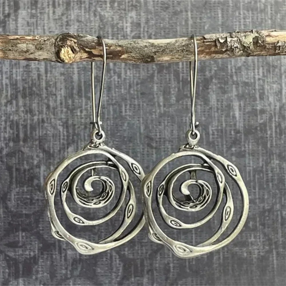 Teal | Retro Silver-Tone Earrings in Labyrinth Design