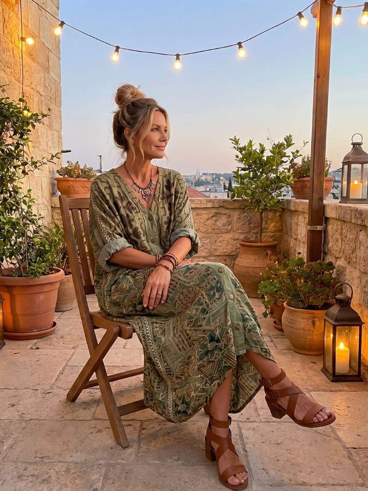 Aleta | Button Front Embroidered Oversized Pocket Midi Dress — view 5