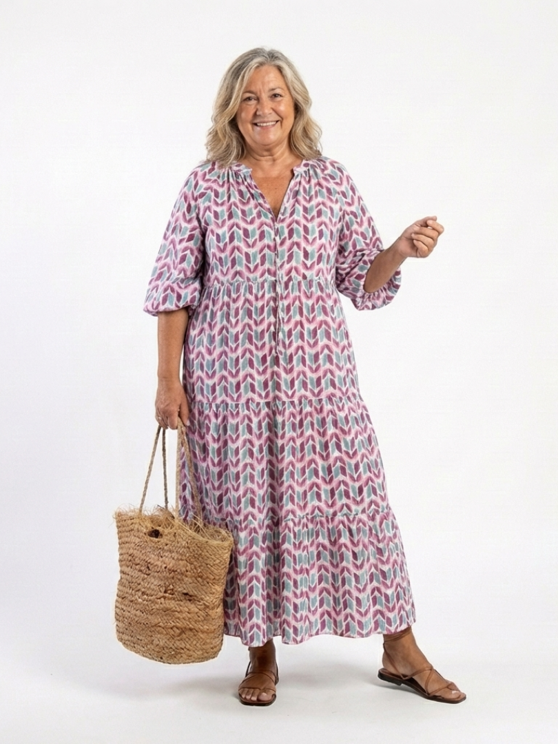 Mireya | Geometric Print Long Sleeve Tiered Midi Dress — view 5