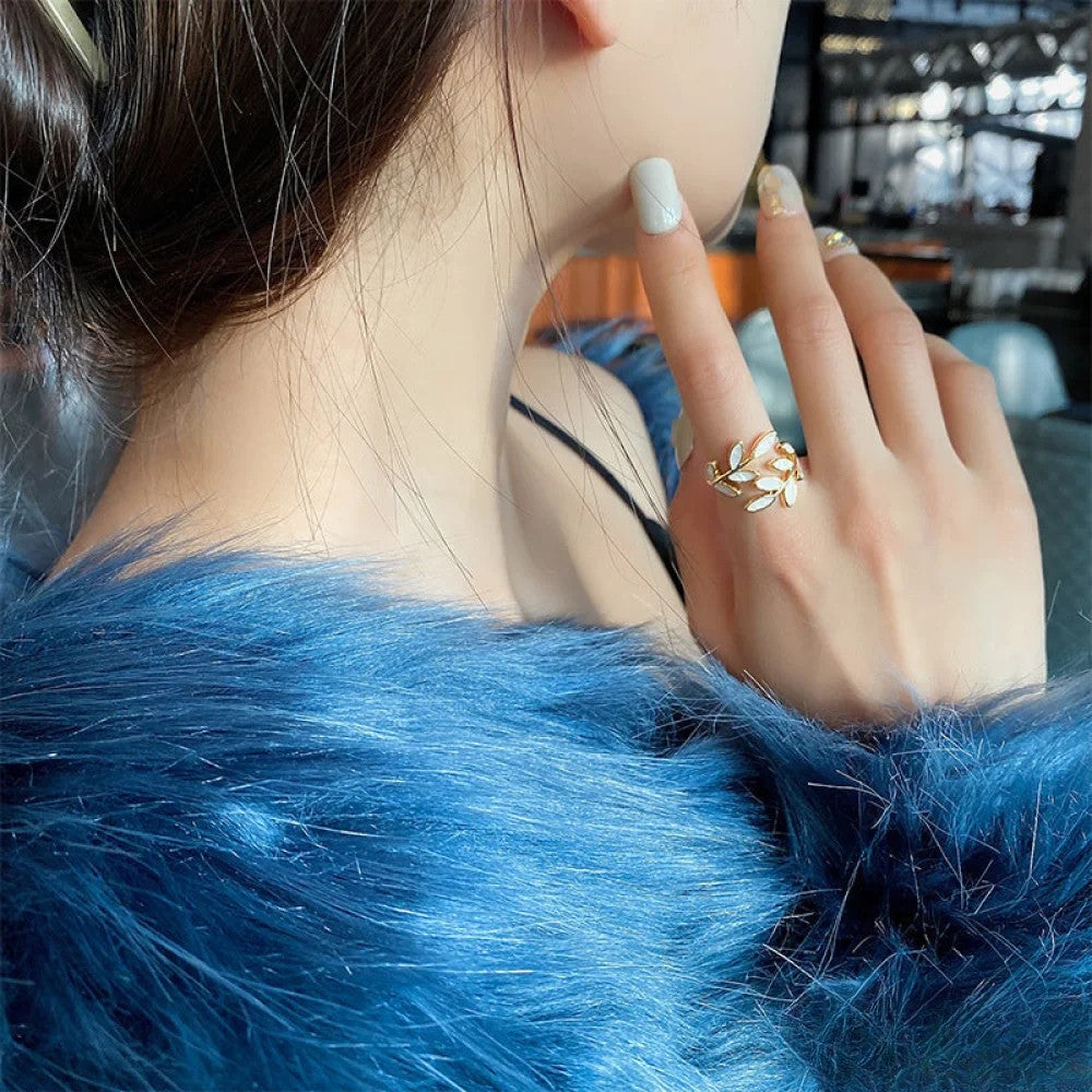 Odette | Adjustable Gold-Tone Ring with White Opal Leaf — view 3