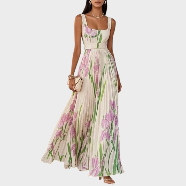 Luxe | Long Pleated Dress with Square Neckline and Chiffon Flowers