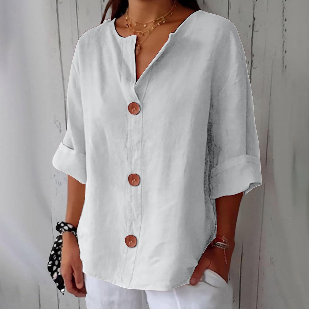 Maeve | White V-Neck Linen Blend Shirt