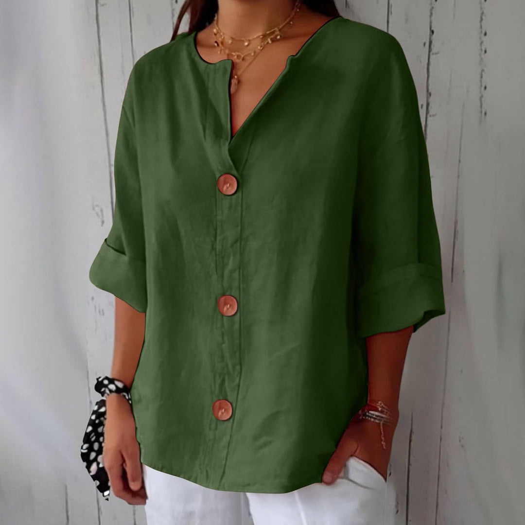 Verona | Green V-Neck Linen Blend Shirt