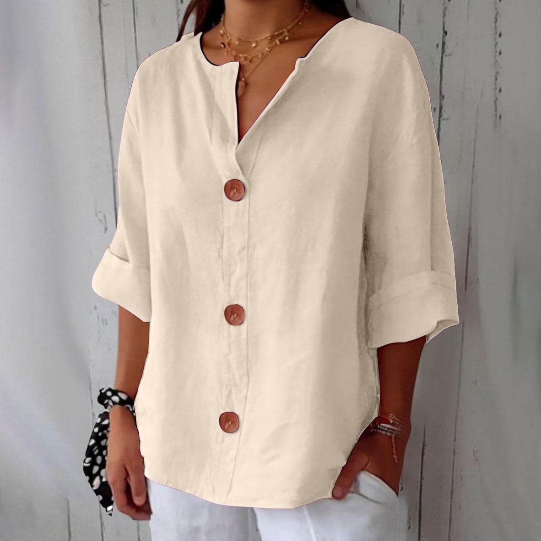 Colette | Beige V-Neck Linen Blend Shirt