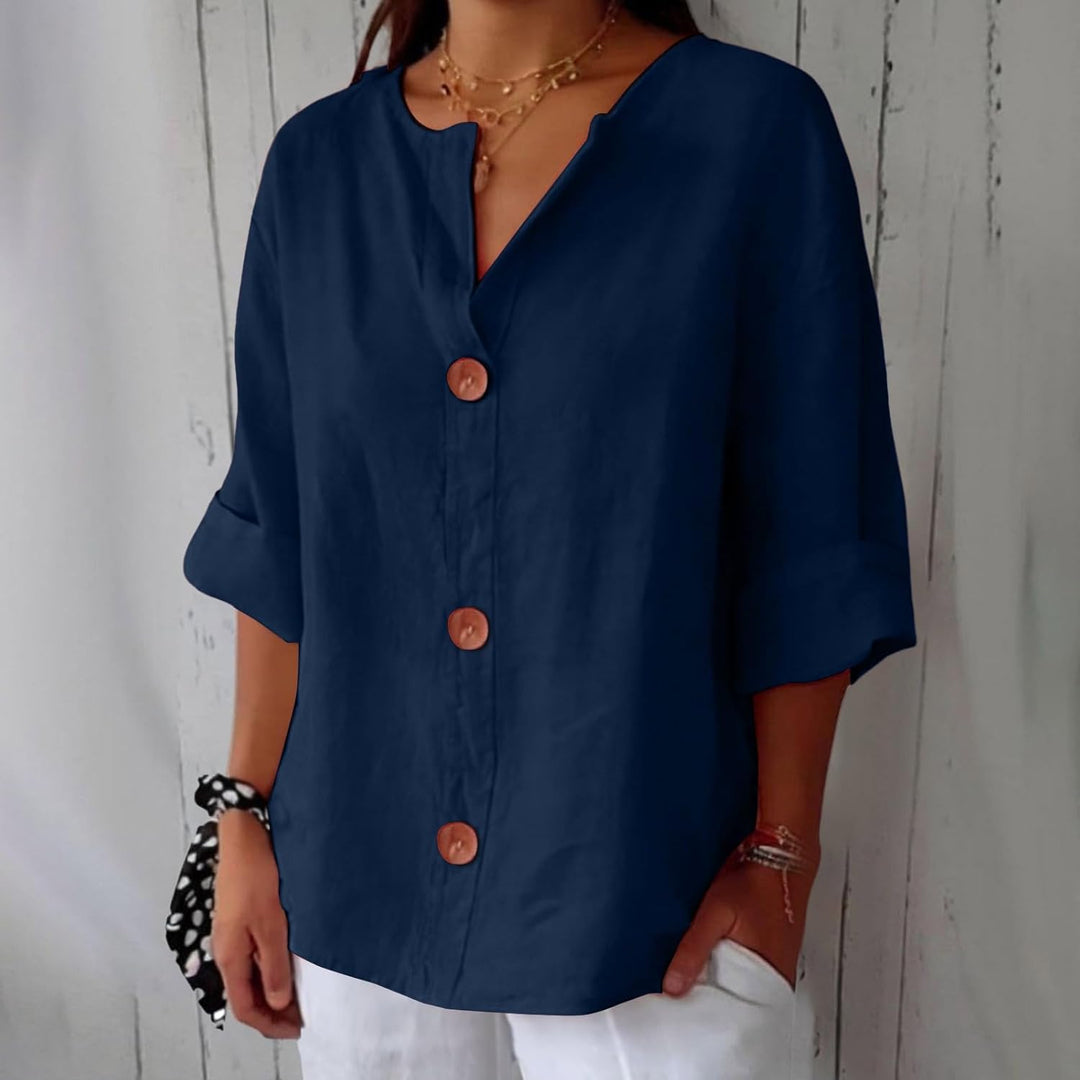 Delphine | Blue V-Neck Linen Blend Shirt