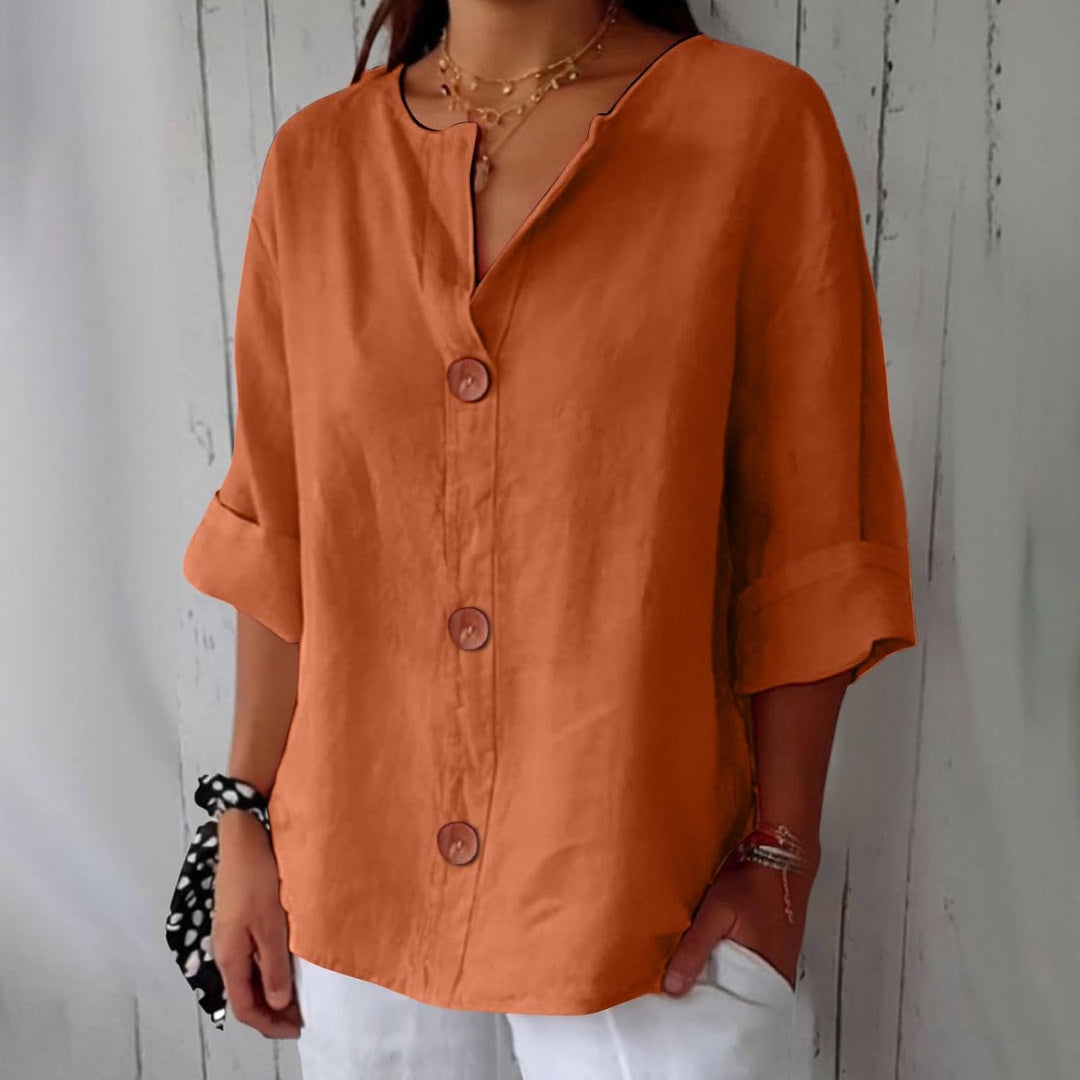Saffron | Orange V-Neck Linen Blend Shirt