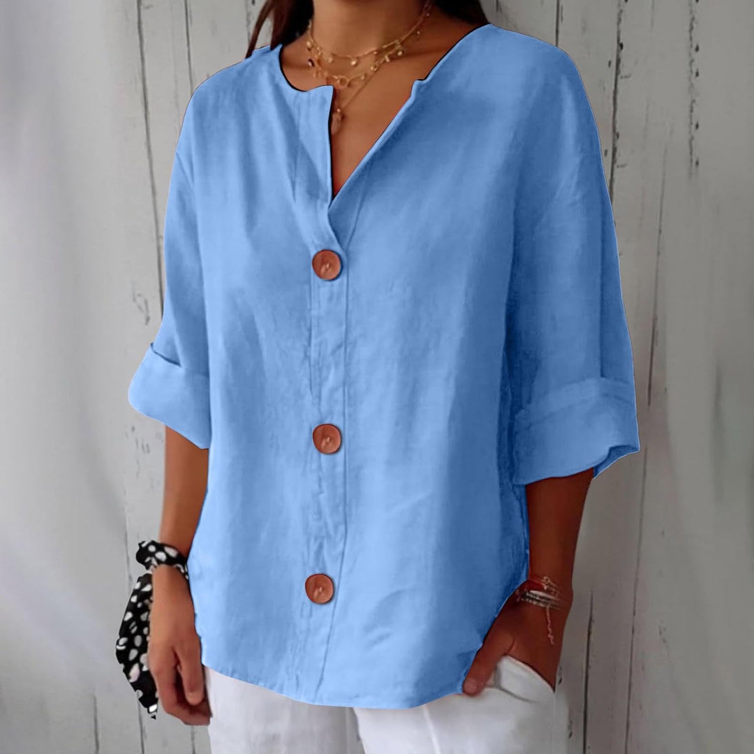 Marisela | Blue V-Neck Linen Blend Shirt