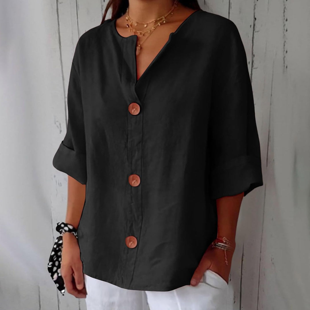 Ottilie | Black V-Neck Linen Blend Shirt