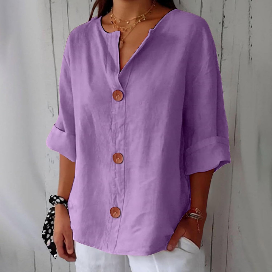 Yolanda | Purple V-Neck Linen Blend Shirt