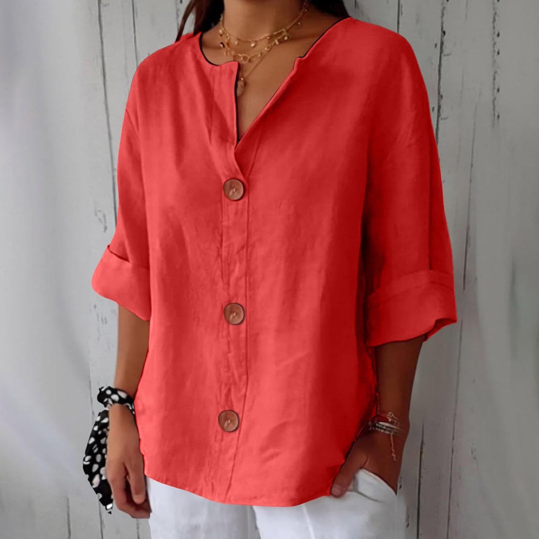 Rosalind | Red V-Neck Linen Blend Shirt